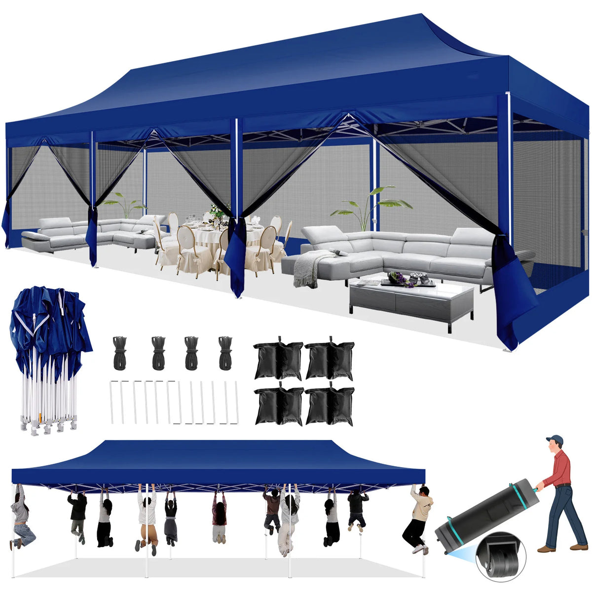10x30FT Canopy Tent with 8 Sidewalls,Heavy Duty Pop up Canopy Party Tent with Mosquito Netting,Easy up Screen Canopy for Parties
