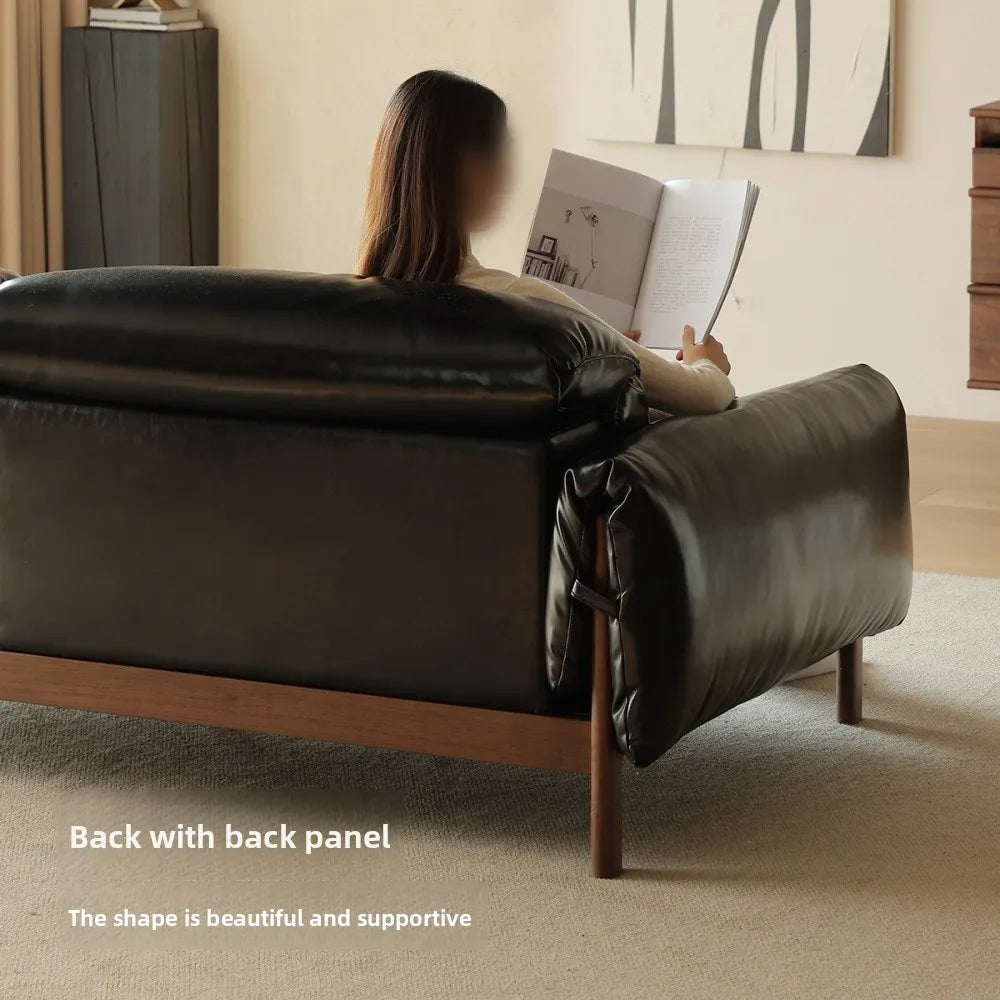 LH black walnut leather sofa living room small apartment retro solid wood leather art sofa
