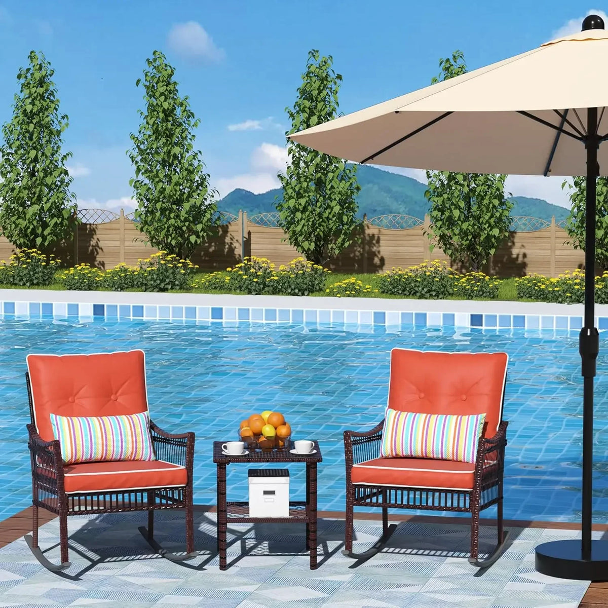 Curated Design Outdoor Rocking Chairs 3 Pieces Patio Conversation Front Porch Furniture, Wicker Rocking Chairs Bistro Set wit