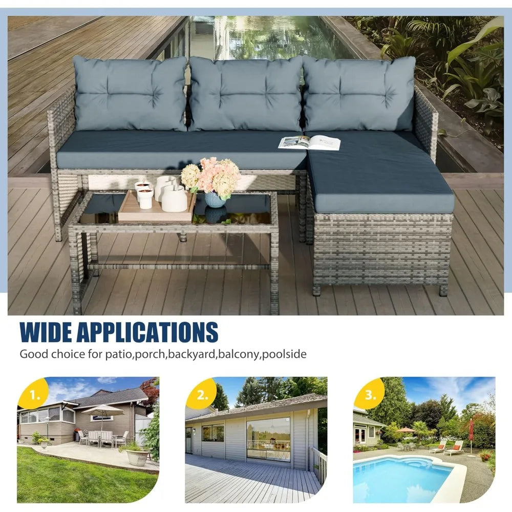 3-Piece Outdoor Patio Furniture Set with Glass Table and Cushions, All-Weather Wicker Rattan Sofa in Blue Grey