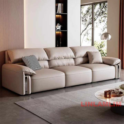 Modern Convertible Genuine Leather Sofa Bed – Multi-functional Electric Sleeper Couch with Adjustable Seats & Wide Chaise Lounge