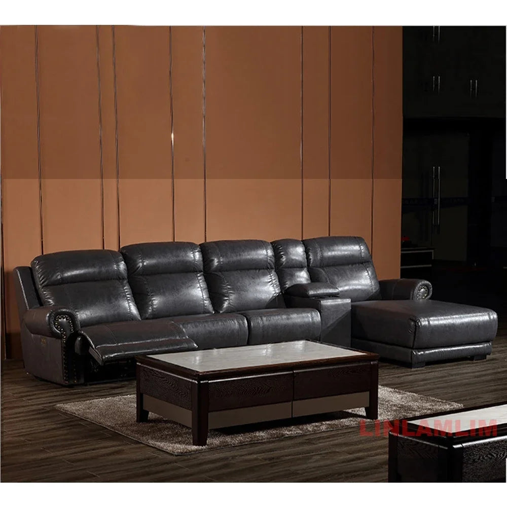 MINGDIBAO Luxury Genuine Leather Power Recliner Sofa Set, L Shape Electric Reclining Couch with Nailhead Trim, Home Theater Seat