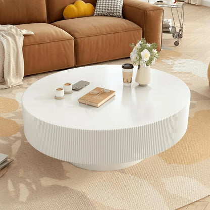 modern 31 inch round coffee table with sturdy base, wood center tables for living room reception room, easy assemble, white