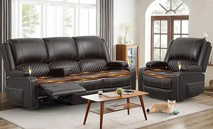 3 seater recliner sofa set with 2-tier cushion, 3+1 pieces in living room, 3 seater reclining couch leather with removable conso