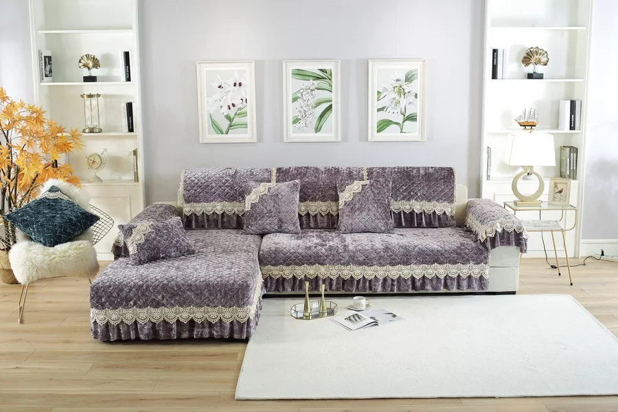 Embroidery Lace Sofa Cushion Gold Velvet Hemline Sofa Cover Autumn Winter European Couch Cover Solid Color Checkered Sofa Mat