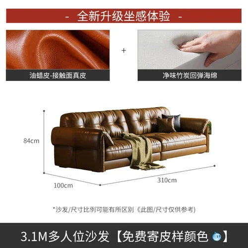Oil wax leather sofa, French retro style, large and small apartment, living room straight combination