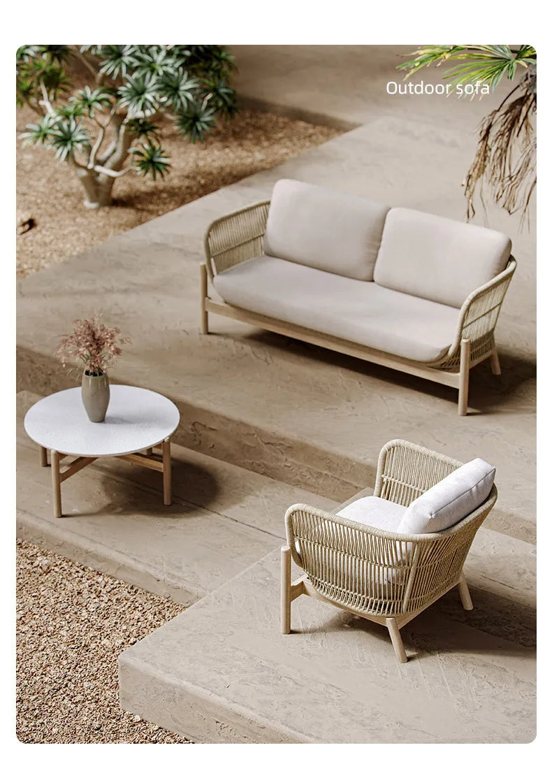 Outdoor sofa courtyard rattan teak outdoor garden villa hotel waterproof and sun protection homestay solid wood sofa furniture