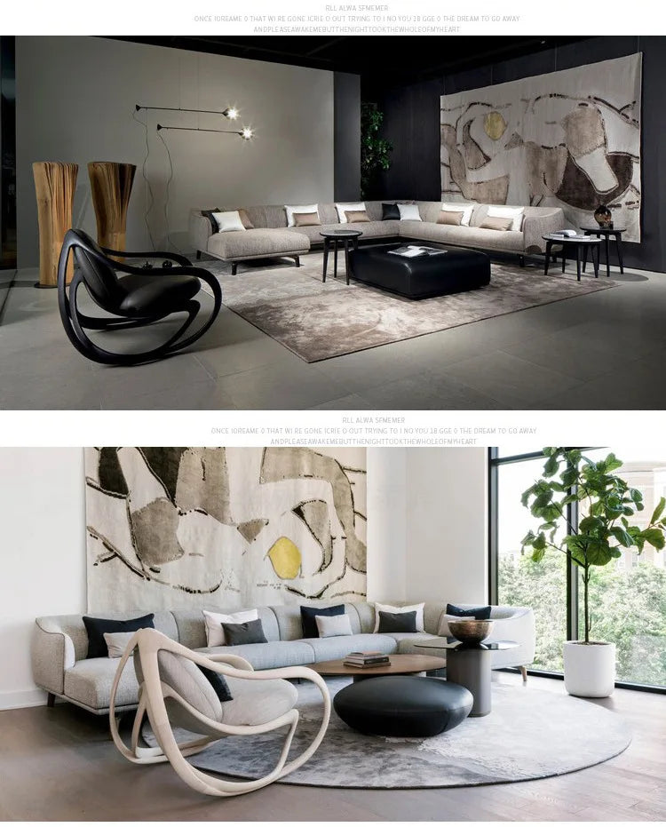 Rocking chair, solid wood balcony, living room, fiberglass casual leather sofa