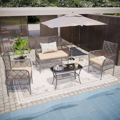Outdoor 4 Pieces Furniture Set PE Wicker Chairs,Rattan Loveseat,Patio Conversation Sofa For Pool Yard,Garden Or Backyard