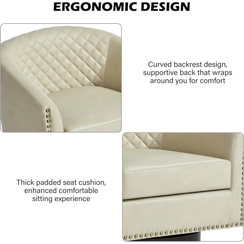 Swivel Barrel Accent Chairs, Comfortable Modern Upholstered Round Faux Leather Armchairs for Living Room and Bedroom, Beige, Set