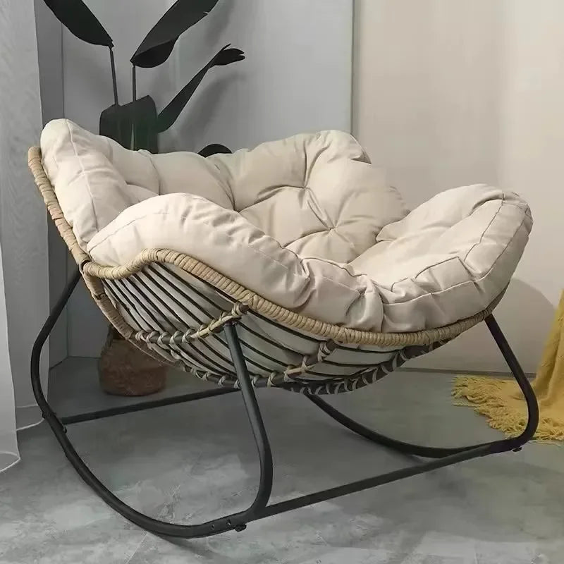 Light Luxury Outdoor Rattan Rocking Chair, Comfortable Backrest Cushion, Metal Frame, Garden Balcony Single Leisure Chair