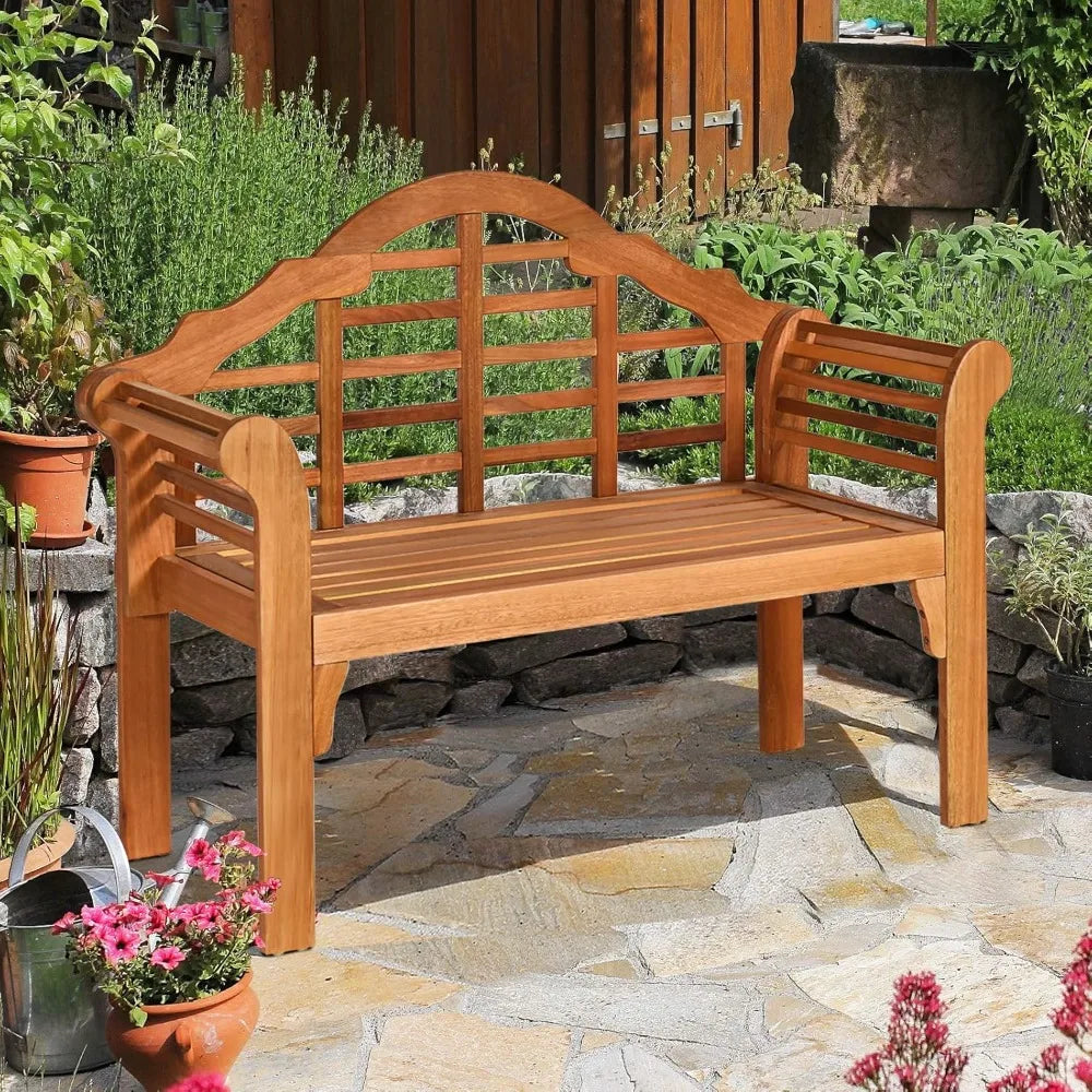 Outdoor 4ft Foldable Eucalyptus Wood Bench Two Person Loveseat with Curved Backrest Armrest for Garden Patio Porch Balcony