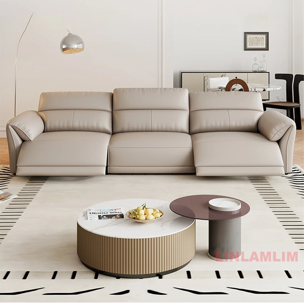 MINGDIBAO Modern Recliner Sofa with Hidden Foldable Tray Table and USB – Italian Genuine Leather Sectional Couch for Living Room