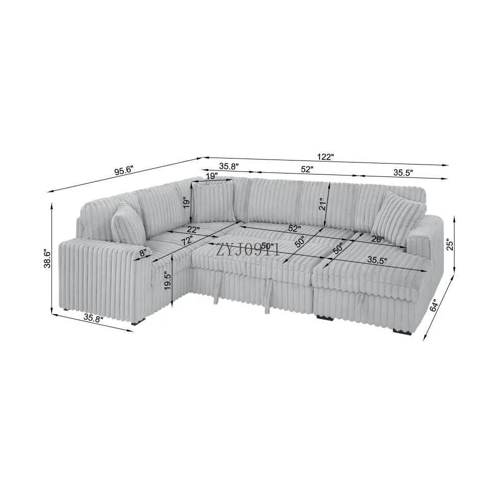 122-Inch lift sofa bed, plush fabric sofa bed with USB port, living room khaki sofa
