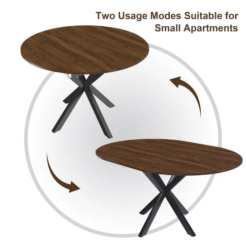 Circular telescopic dining table, 6-person carbon steel base, modern minimalist solid wood veneer, 42 in extended to 58 in