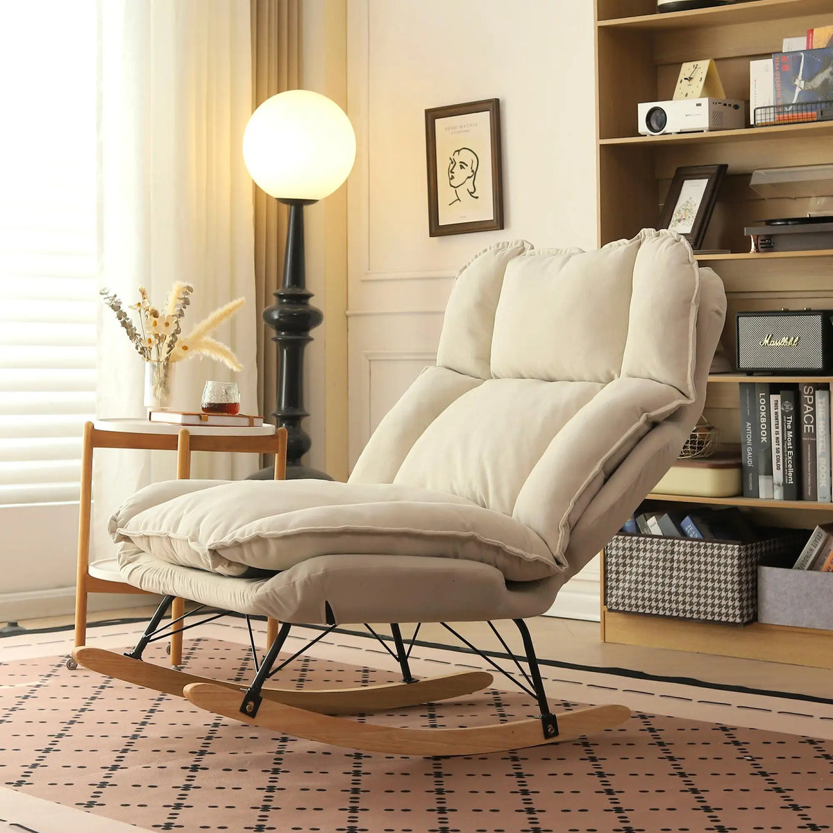 Memory Foam Rocker - Convertible Lounge Chair with Storage Pocket, Breathable Linen Recliner