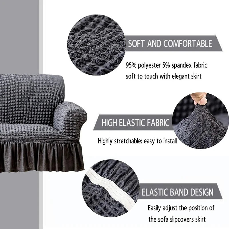 1 Seater Seersucker Sofa Cover with Elastic Skirt Stretch Sofa Protector Removable Slipcover Armchair Cover Elastic Couch Cover