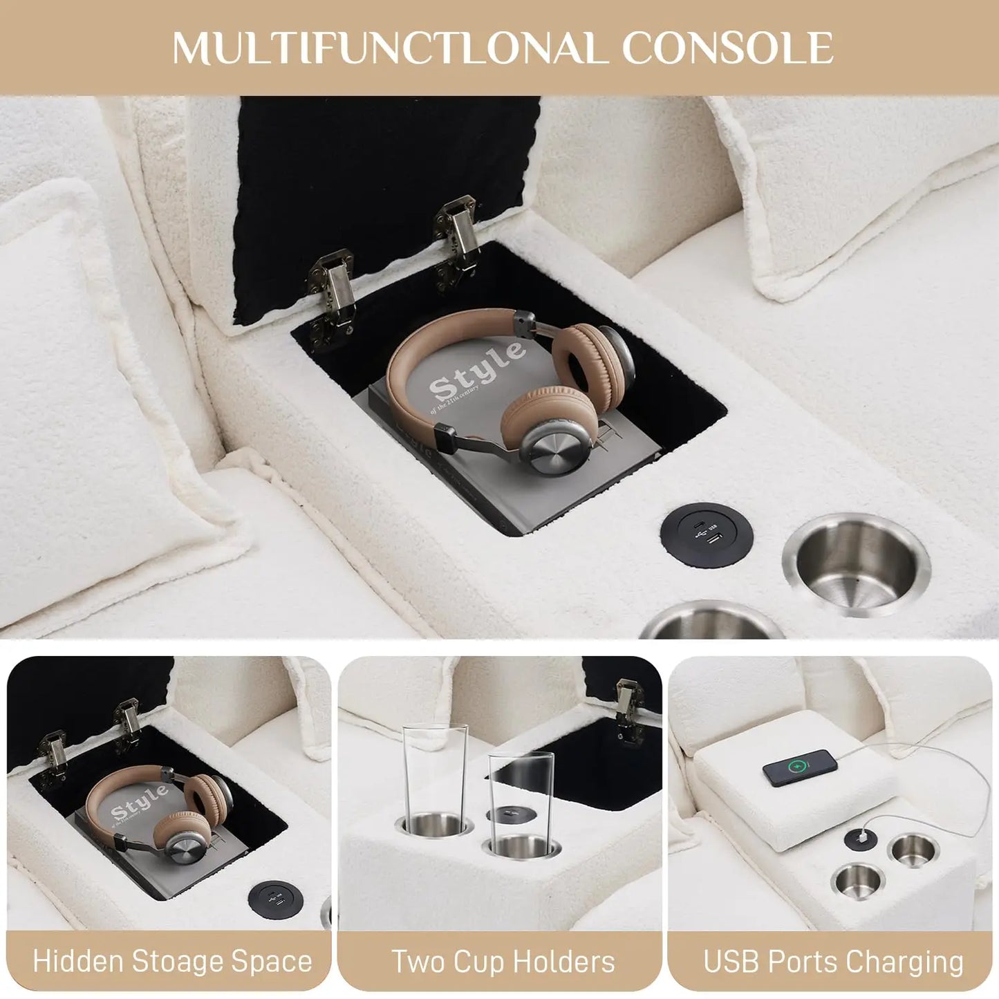 U Shaped Sectional Sofa 133" Modular Fluffy Chenille Double Chaise Lounge Central Console USB Port Living Room White Customized