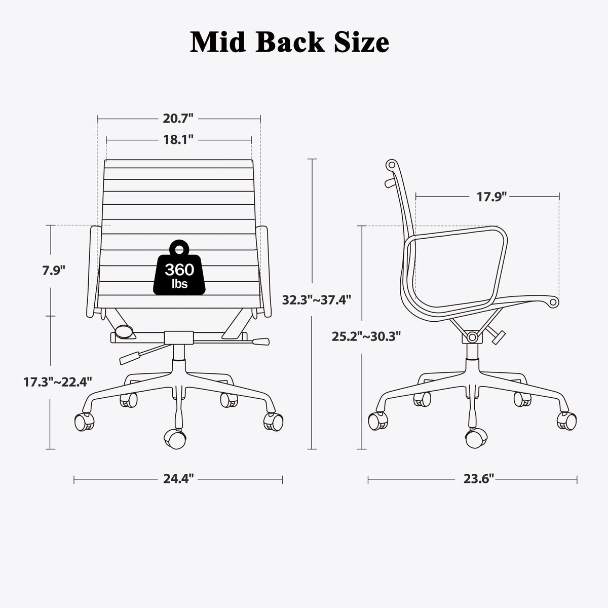 High Mid Back Ribbed Office Chair Genuine Leather Swivel Chair Adjustable Ergonomic Computer Chair with Aluminium Alloy Frame