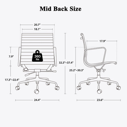 High Mid Back Ribbed Office Chair Genuine Leather Swivel Chair Adjustable Ergonomic Computer Chair with Aluminium Alloy Frame