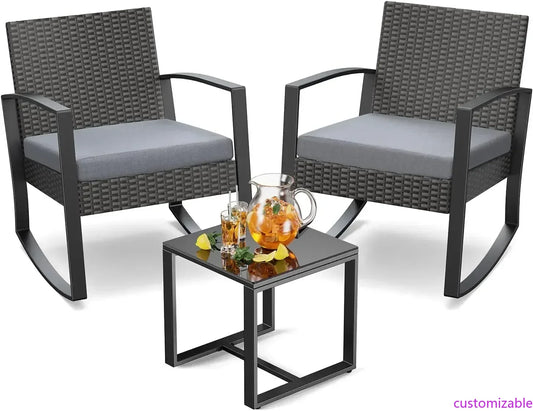 2025New3 Piece Wicker Patio Furniture Set, Outdoor Rocking Chairs, Outdoor Furniture with Table & Cushions, Patio Chairs Balcony