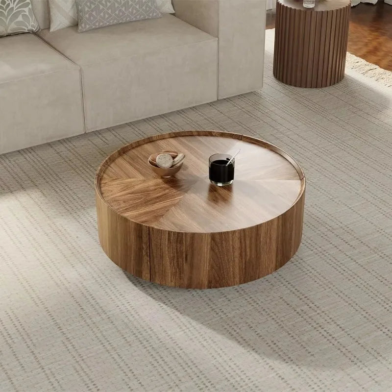 Simple living room coffee table, round wooden coffee table, wooden center, coffee table with drawers