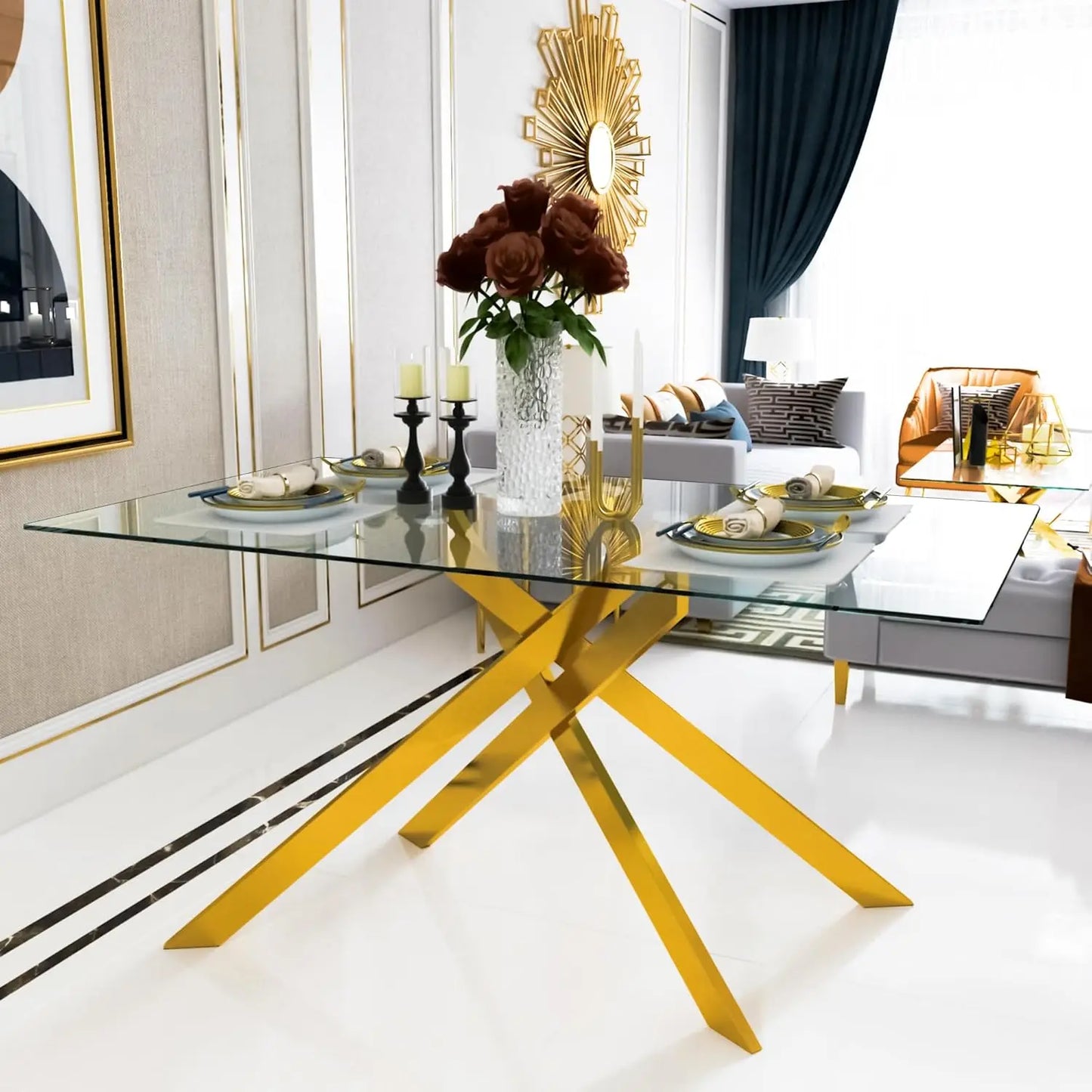 51.18' Rectangular Tempered Glass Dining Table with Metal Legs, Golden