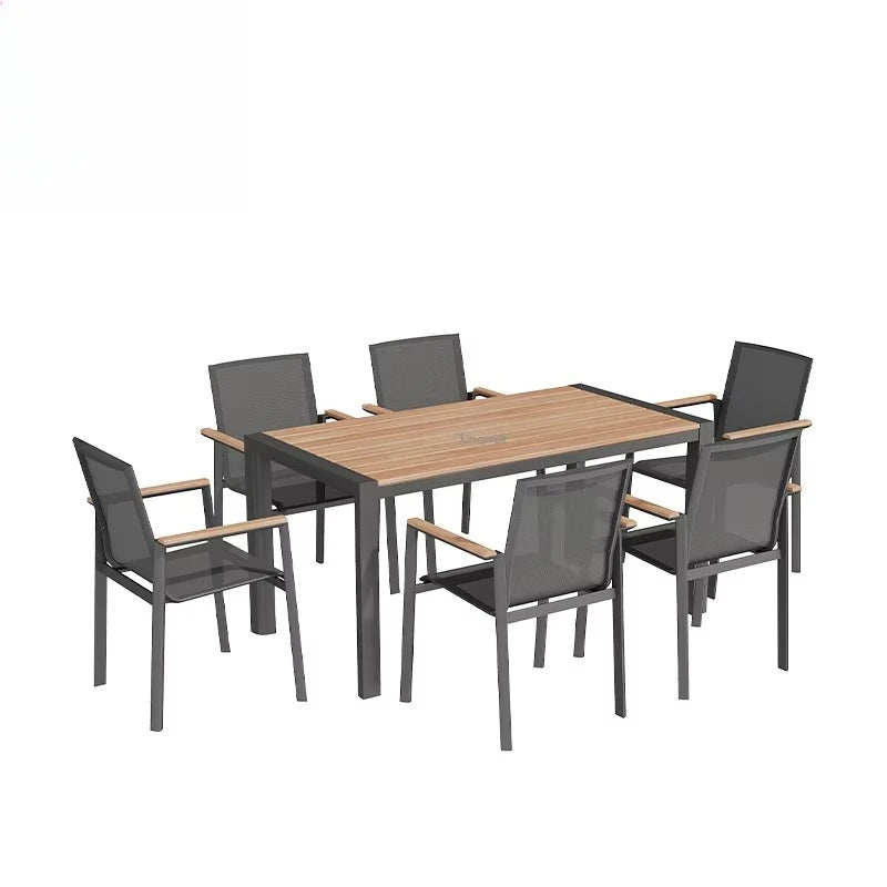 Wholesale Price Patio Outdoor Furniture Plastic Wood Dining Set Luxury Aluminum Frame Teak Wood Table and Chair for Restaurant