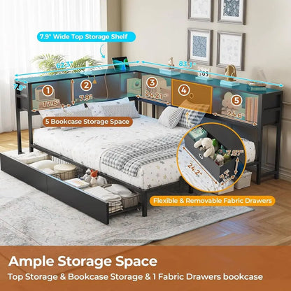 Full Size Metal Daybed Frame with Bookcase Storage, LED Lights, Drawers & Charging Station, No Box Spring Needed, Black