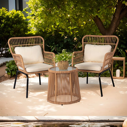 Boho-Inspired 3-Piece Outdoor Patio Set: Wicker Conversation Chairs with Beige Cushions + Round Tempered Glass Side Table — Lightweight, Weather-Resistant Design for Garden, Balcony, Deck or Porch Use