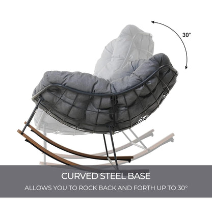 Outdoor Rocking Chair , E-Coated Papasan Rocking Chair with Cushion, Oversized Recliner Rocker for Patio Porch Garden