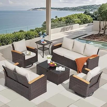 PatioLix Furniture Sets 6 Pieces with Swivel Chairs, Outdoor Furniture Set for Porch Deck Bistro Lawn Garden Backyard Poolsid-Brown