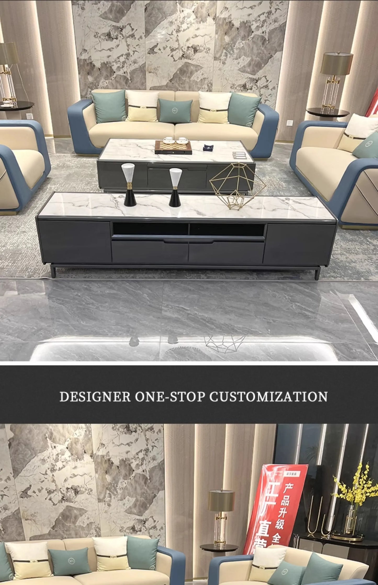Italian light luxury large apartment leather sofa living room top layer cowhide designer villa high-end furniture combination