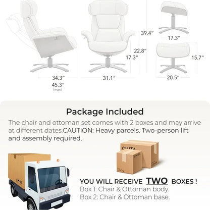 Reclining Swivel Chair with Adjustable Headrest and Ottoman in White, Made with 100% Top Grain Leather for Living Room Use