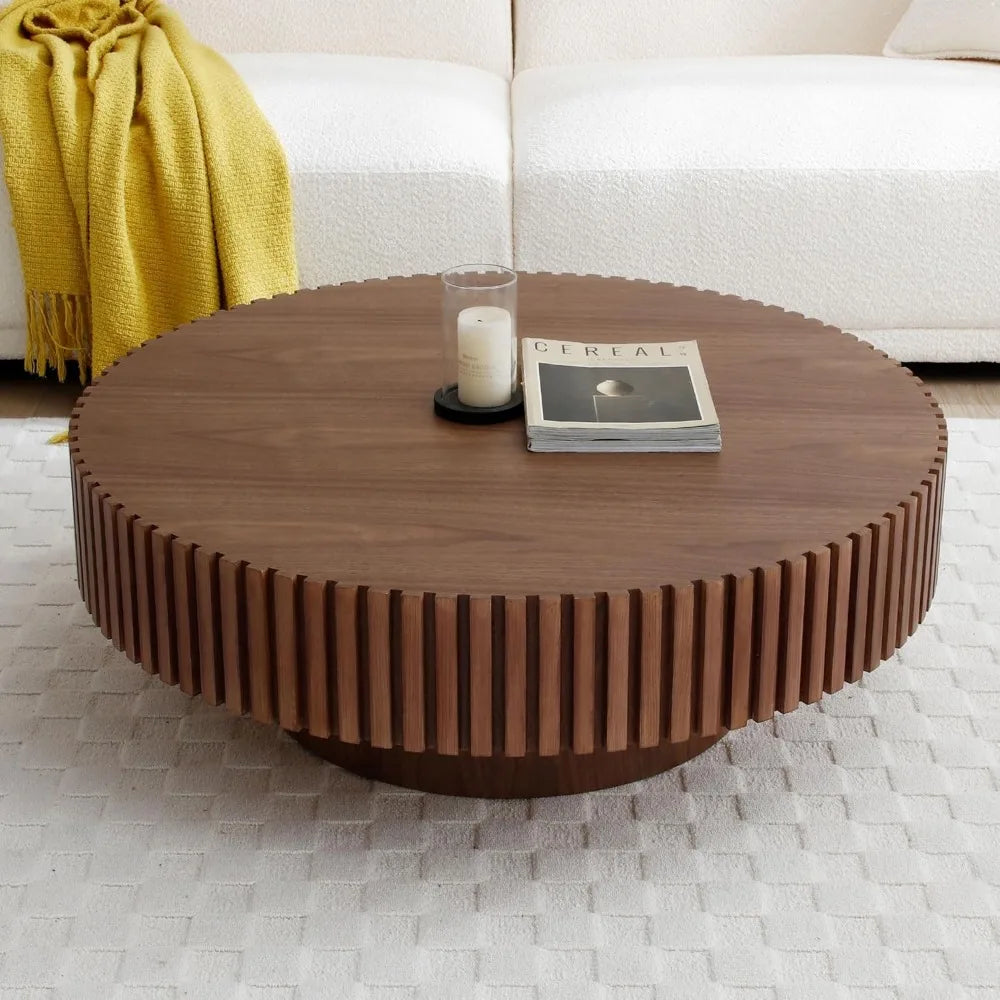 Round Modern Fluted Walnut Coffee Table, Unique Tea Table, Contemporary Drum Circle Accent Center Table for Living Room