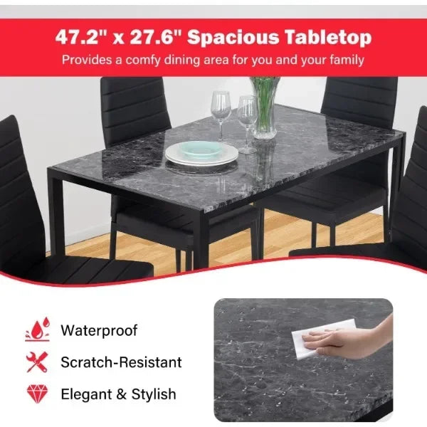 Dining Table and Chairs Set,Modern Rectangular Marble Table top with 4 Chairs PU Leather for Dining Room