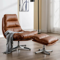 Swivel Accent Chair with Ottoman, Mid Century Modern Faux Leather Lounge Chair with footrest, Comfy Oversized, Customized