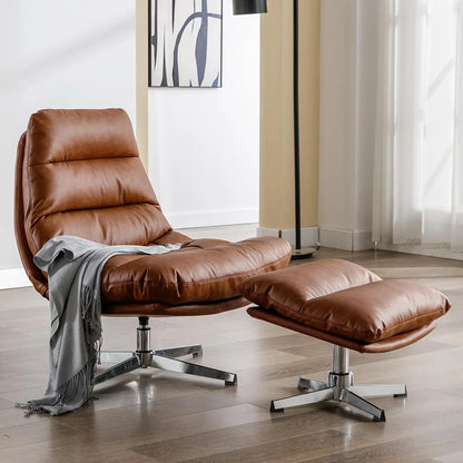 Swivel Accent Chair with Ottoman, Mid Century Modern Faux Leather Lounge Chair with footrest, Comfy Oversized, Customized