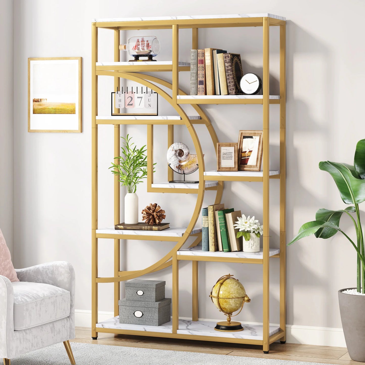 Tribesigns Bookshelf Bookcase, Gold 8-Open Shelf Etagere Bookcase with Faux Marble, Modern Book Shelves Display Shelf