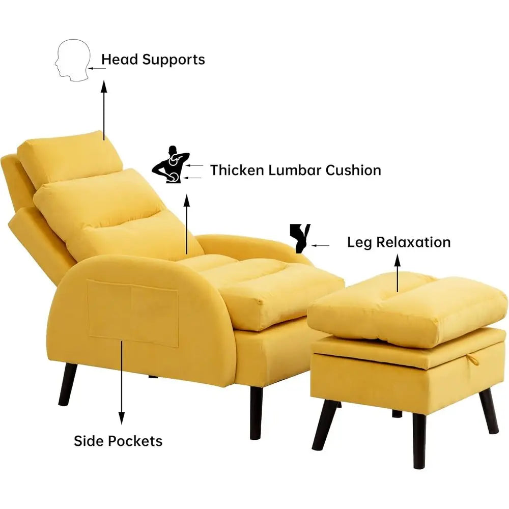 Yellow Velvet Oversized Lounge Chair with Ottoman and Adjustable Backrest for Living and Bedroom Comfort