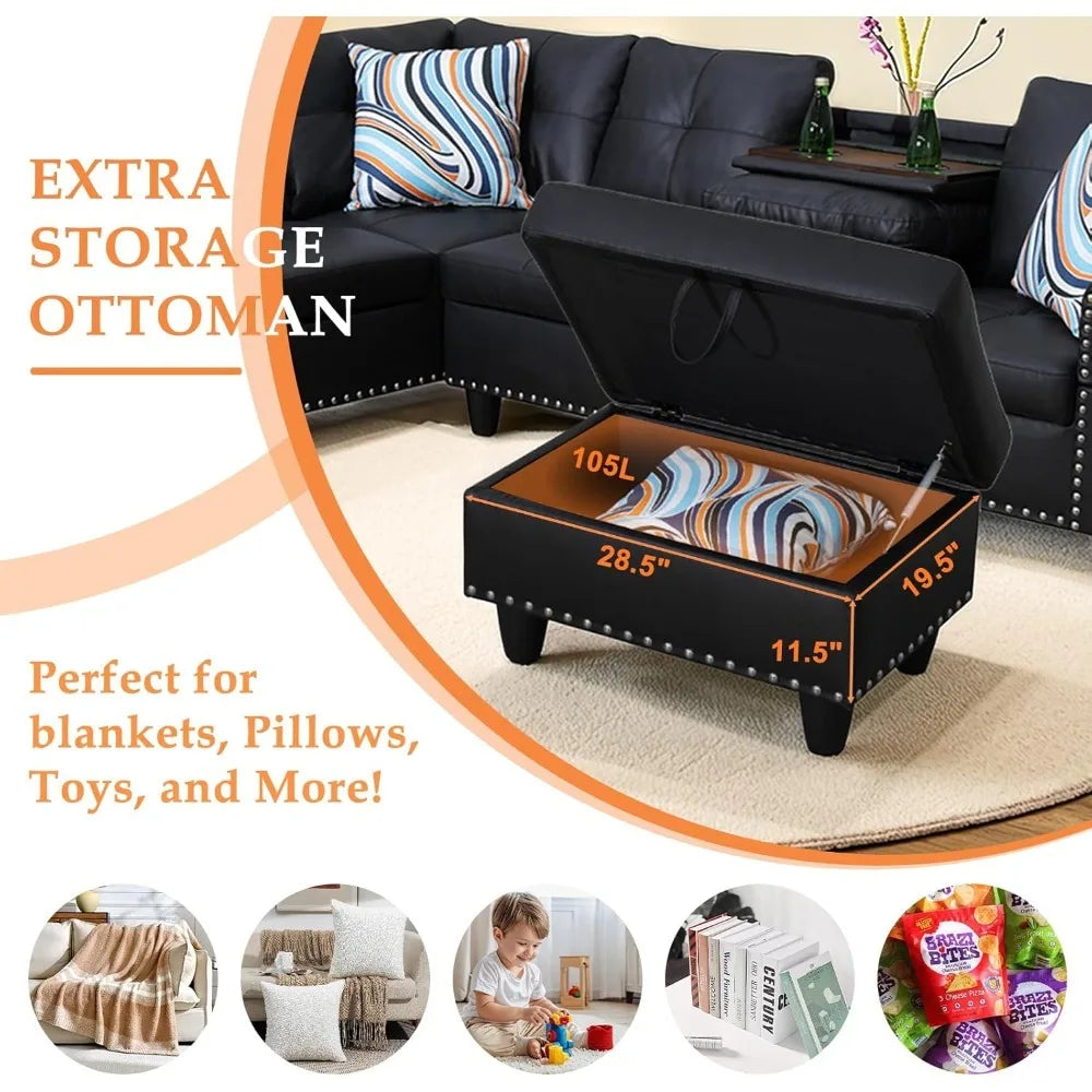 modern 4-seaters living room furniture sets with chaise lounge, ottoman & 2 pillows | l shape couch