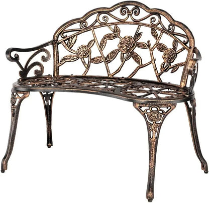 Outdoor patio bench, cast aluminum frame with antique finish, a garden rose bench