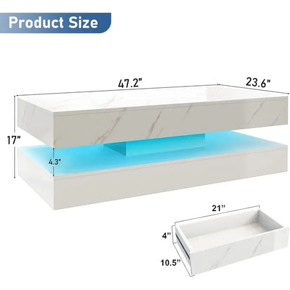 LED Coffee Table with Storage Drawers, Modern High Gloss Coffee Table Colors LED Lights,  Rectangle Center Table