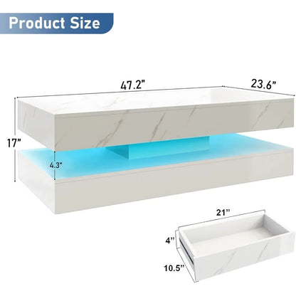 LED Coffee Table with Storage Drawers, Modern High Gloss Coffee Table Colors LED Lights,  Rectangle Center Table