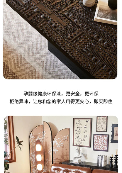 Retro coffee table light luxury high-end sense solid wood carving flower home living room minimalist 1.6 meters high-end