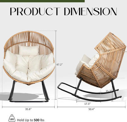 Outdoor Egg Chair with Cushion, Wicker Rocking Lounger for Patio, Living Room, Bedroom, Balcony in Beige