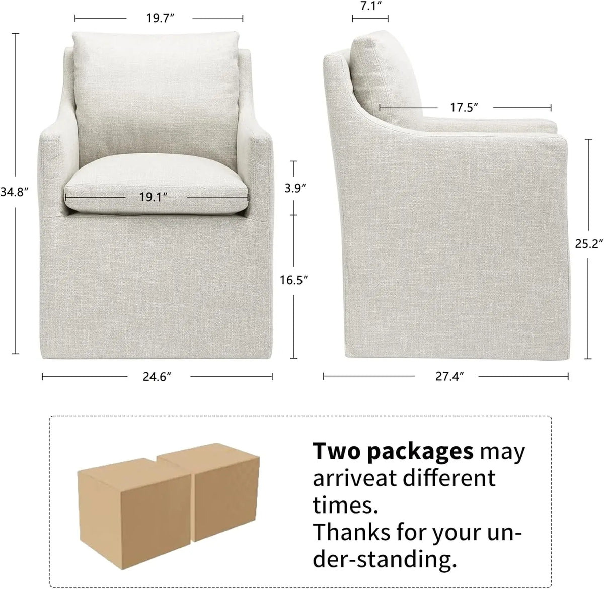 Linen Upholstered Dining Chair with 4 Casters, Ergonomic Armchair for Living Room Bedroom Office Reading