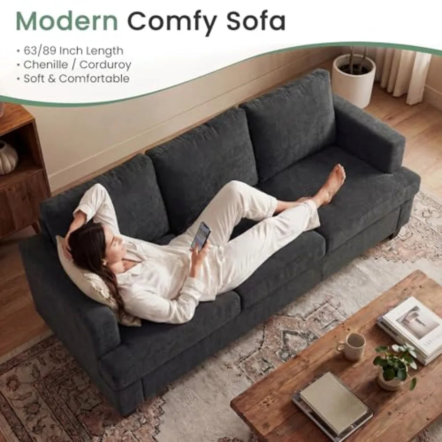 2 Piece Set Comfy Sofa Couch 3 Seater Loveseat with Deep Seats Modern Sleeper Couch for Living Room Dark Grey Chenille