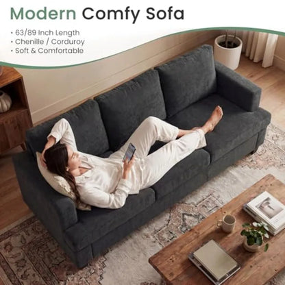 2 Piece Set Comfy Sofa Couch 3 Seater Loveseat with Deep Seats Modern Sleeper Couch for Living Room Dark Grey Chenille