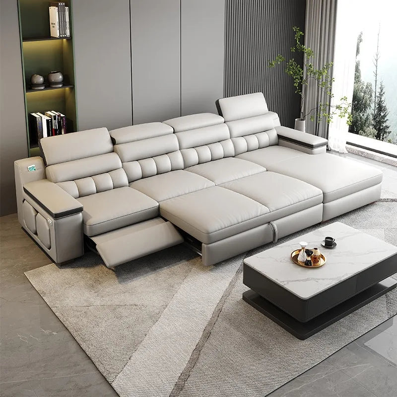 Electric function, leather sofa bed, first layer cowhide, small apartment, living room, modern, simple